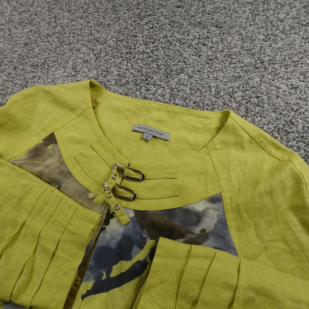 People Like Frank Jacket Womens 2 Green Floral Linen Collarless Athropologie USA